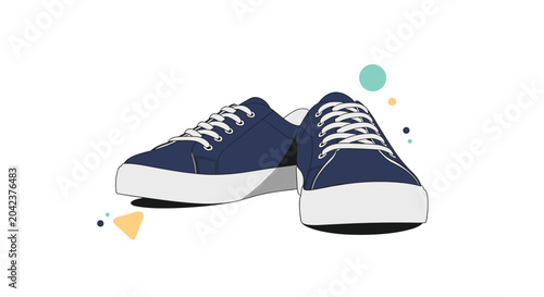 Pair of dark blue casual sneakers or trainers with white soles and laces shown from a front perspective view.