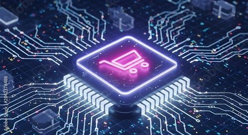 Digital Shopping Cart Icon on Futuristic Circuit Board, E-commerce Technology Concept, Online Retail Innovation