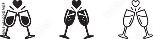 Champagne toast icon set with heart symbol for romance, weddings, parties and celebrations.