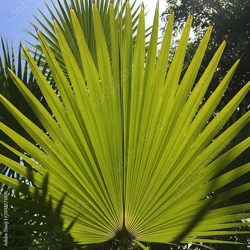 Vibrant green palm frond unfurls, casting delicate shadows against a bright sky