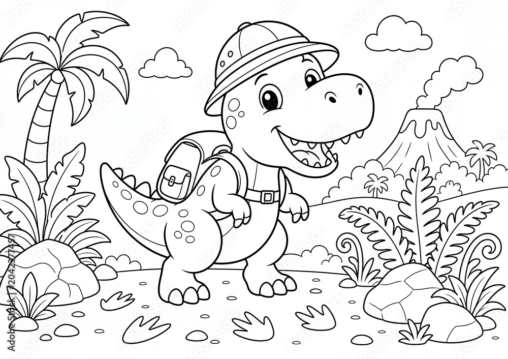 Fototapeta premium Cute Dinosaur Explorer in Prehistoric Landscape Coloring Page for Kids