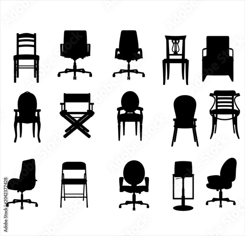 Silhouettes of diverse chairs and office furniture against a checkered background.