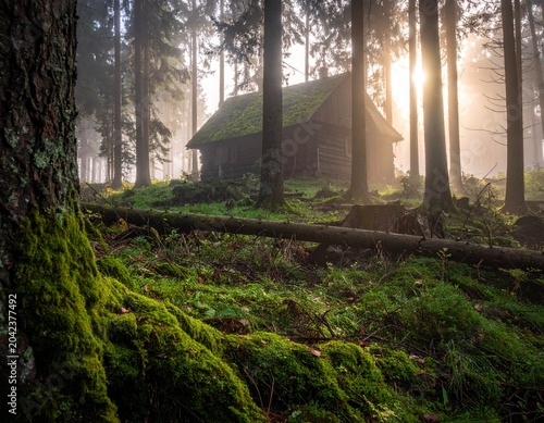 Misty forest cabin with sun rays