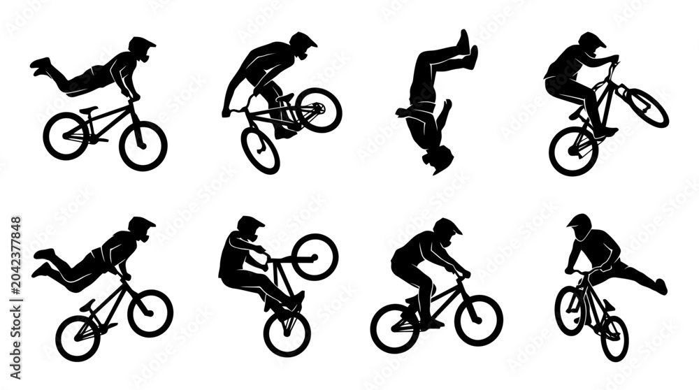 Fototapeta premium Silhouette illustrations of cyclist performing stunts.