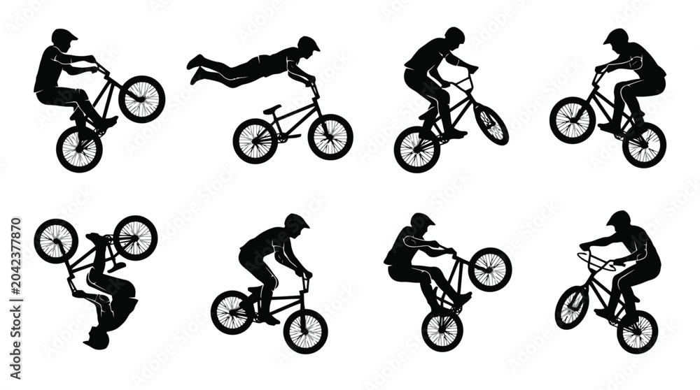 Fototapeta premium Silhouette illustrations of cyclists performing tricks.