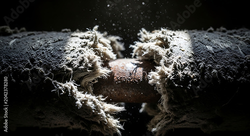 Dangerous asbestos insulation on an old rusty pipe with toxic fibers and dust particles floating in the air highlighting hazardous exposure risks and remediation needs