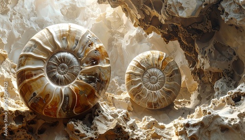 A fossilized ammonite duo, showcasing spiral shells with earthy tones