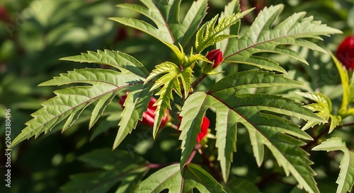 Vibrant green serrated leaves and deep red buds of a flowering plant, detail