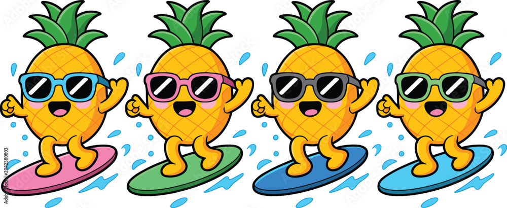 Obraz premium Cute Kawaii Pineapple Surfing Character Collection Featuring Summer Vacation Beach Fun Cartoon Vector Illustration