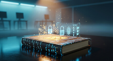 Futuristic Cybersecurity Concept Showing a Digital Book with Glowing Holographic Data Protection Icons Padlocks and Biometric Fingerprint Interface