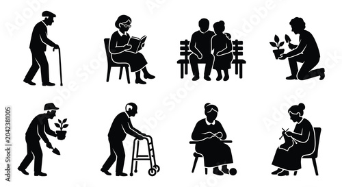 Elderly people silhouettes set, senior citizens lifestyle icons, 8 black vector elements of retired adults gardening and walking with cane