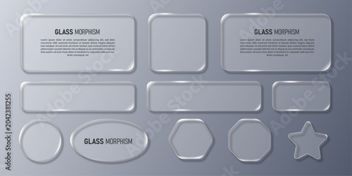 3D Liquid glass morphism smartphone interface isolated. UI UX light frame rounded square and circle elements with a glow stroke. Collection design widget for smartphone and website.