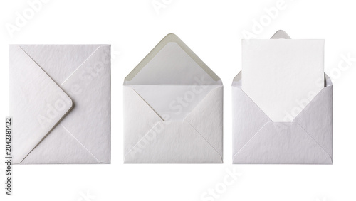 Three white paper envelopes one closed one open one with card, isolated on transparent background