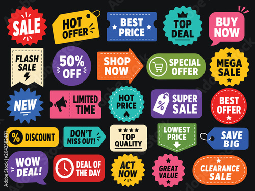 Quadro su tela Colorful sale and discount labels with shop now, hot offer and special price