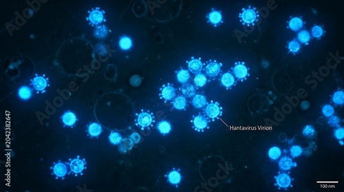 Microscopic view of glowing blue cells, some with spiky surfaces, against a dark background, resembling viruses or bacteria.