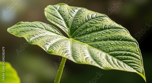 Vibrant green, textured leaf glistening with fresh water droplets in soft sunlight