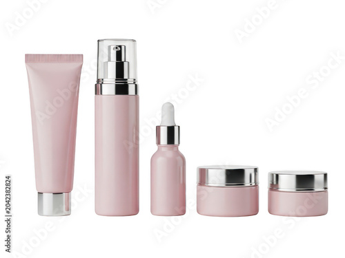 Set of sleek skincare bottles with dropper and pump applicators