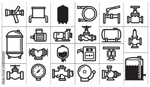 Fotografía Industrial water pipe valves and fire safety equipment line icons with plumbing