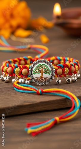 Vibrant, handcrafted bracelet with symbolic tree of life, bells, and marigold adornment