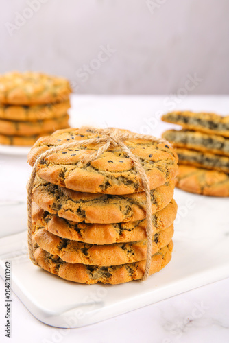 Homemade Sesame Seed Cookies Stack with Twine
