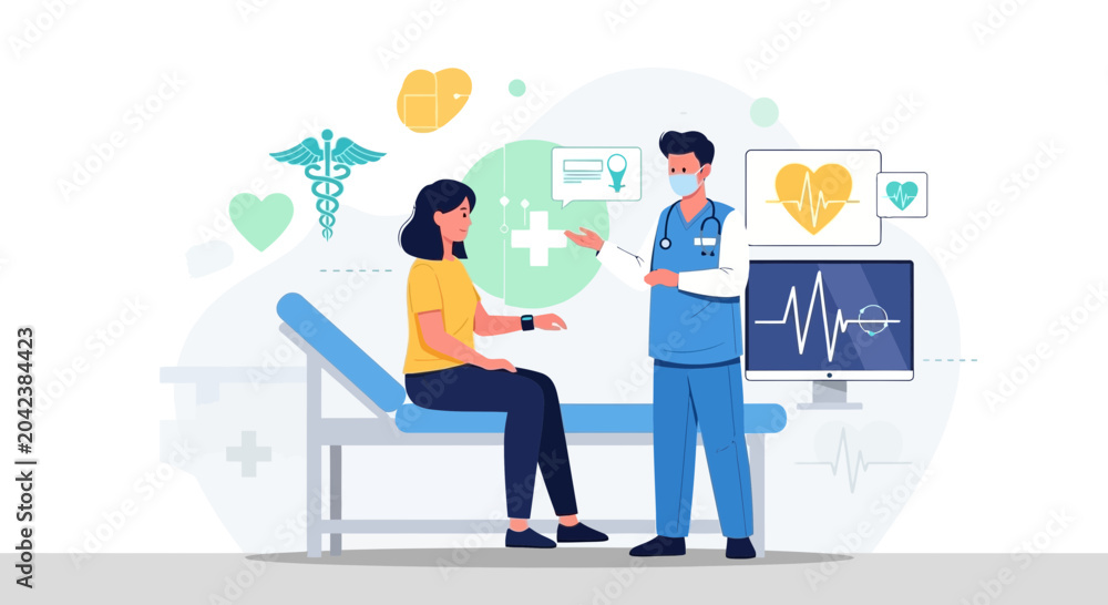 Obraz premium Medical Consultation Illustration: Doctor Explaining Diagnosis To A Patient In An Examination Room