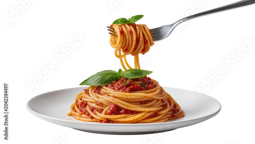 Photos Spaghetti with tomato sauce and basil twirled on a fork, isolated on transparent