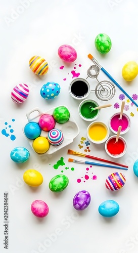 Vibrant, hand-painted Easter eggs scattered with paint pots and brushes