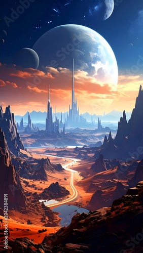 A futuristic alien landscape with a winding river and distant cityscape at sunset