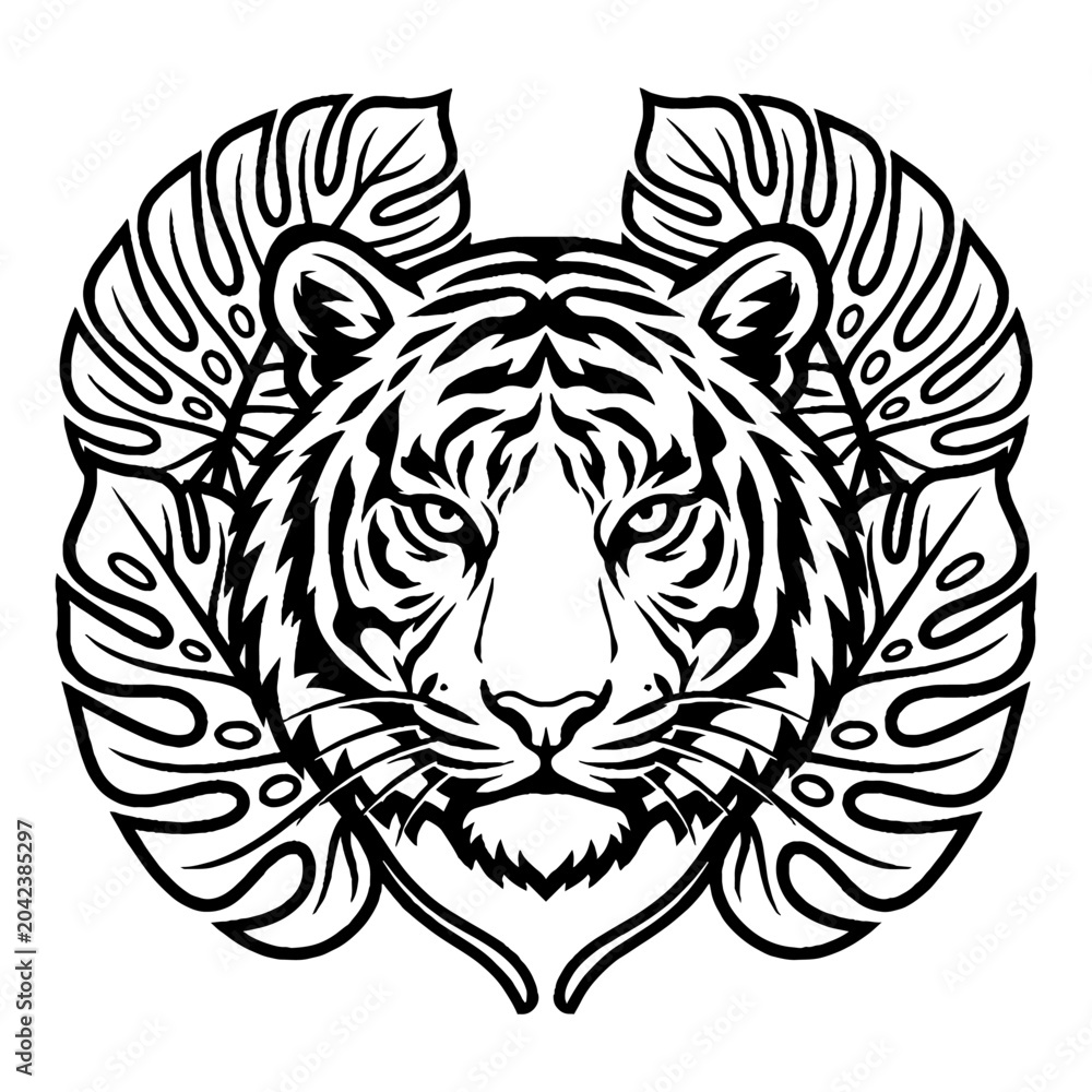 Obraz premium Black and white vector illustration of a tiger head framed by tropical jungle leaves, presented in a bold line art style.
