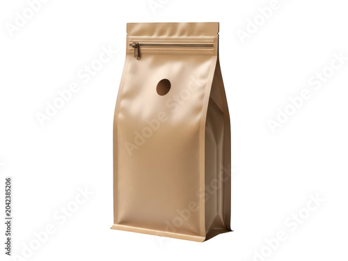 Brown paper coffee bag with a round wooden button closure