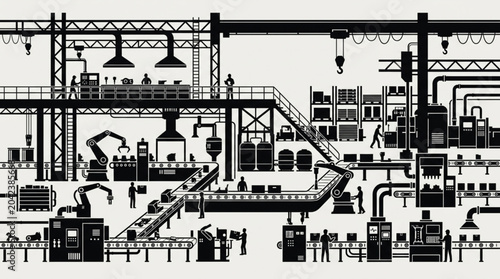 Smart factory automated production line vector illustration with industrial robots, conveyor belts, warehouse storage shelves, and worker operators silhouette concept