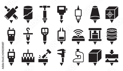 Industrial testing and construction measurement icons set with arrows, industry