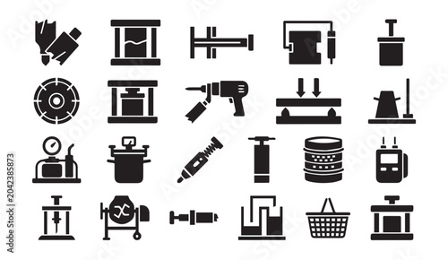 Industrial quality testing and material analysis tool icons with industrial