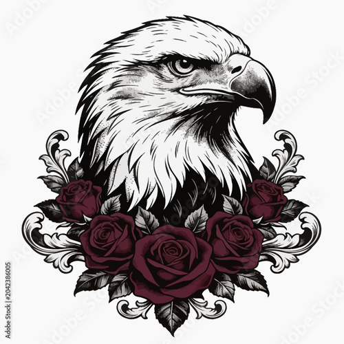 Bald Eagle and Roses Tattoo Illustration