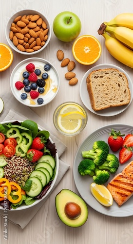 Vibrant, healthy food spread fresh fruits, salad, grilled fish, nuts, yogurt