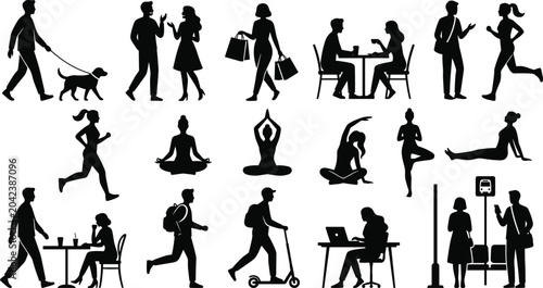 Bild auf Leinwand People silhouette icon set featuring daily activities walking running shopping y