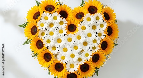 Vibrant heart of sunflowers and daisies, a cheerful, bright floral arrangement