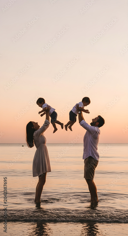 Fototapeta premium Happy Parents Lifting Children in Air during Golden Hour Beach Fun