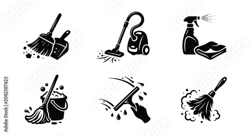 Tableau sur toile Cleaning services icon set broom vacuum spray bottle mop squeegee duster silhoue