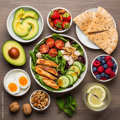 Vibrant, healthy salad and fresh ingredients artfully arranged on a wooden surface