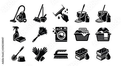 Schilderij op canvas Cleaning supplies silhouette collection vector icons for housekeeping janitorial