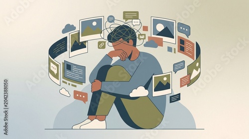 Overwhelmed person surrounded by social media icons and devices