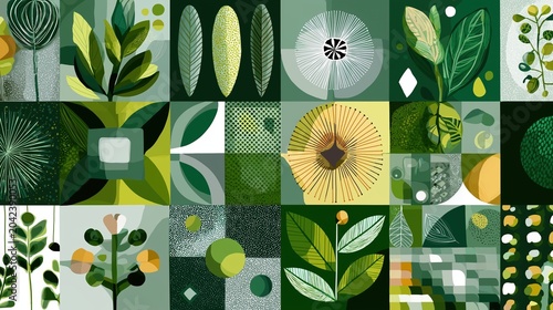 Grid pattern of abstract botanical illustrations. Modern green leaf and geometric square designs. Textured block print style background
