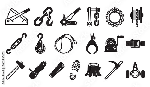 Foto Industrial lifting and material handling tools icon set with industrial