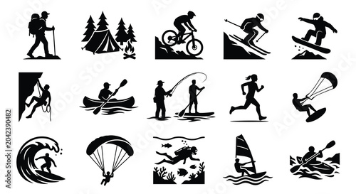 Bild auf Leinwand Outdoor adventure sports silhouette collection hiking camping cycling skiing and