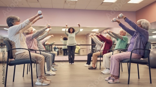 Group of elderly people doing chair fitness exercise with bells in community center class