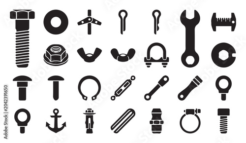Bilde på lerret Industrial fasteners and construction hardware icons with fasteners, hardware