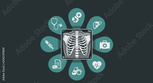Medical Diagnosis Concept Featuring Rib Cage X-ray and Healthcare Icons Visualization
