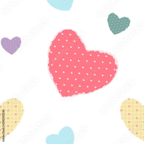 Seamless cute pastel heart pattern featuring textured hand-drawn hearts in soft pink, blue, yellow, purple, and teal tones. Perfect for Valentine’s Day, nursery decor, fabric, and scrapbook designs.
