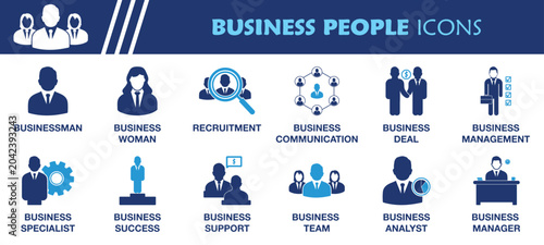 Business People Icon Set. Collection of Businessman, Women, Specialist, Manager, Team, Analyst, Recruitment and More Icons. Editable Flat Vector Illustration.